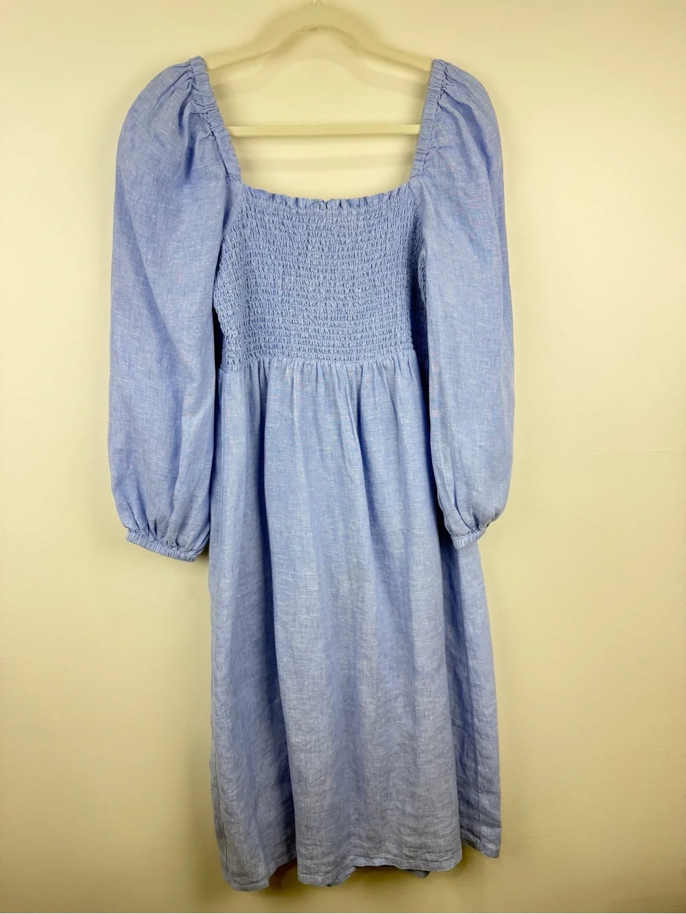 J.Crew 100% Linen Smocked Puff Sleeve Midi Dress Blue M